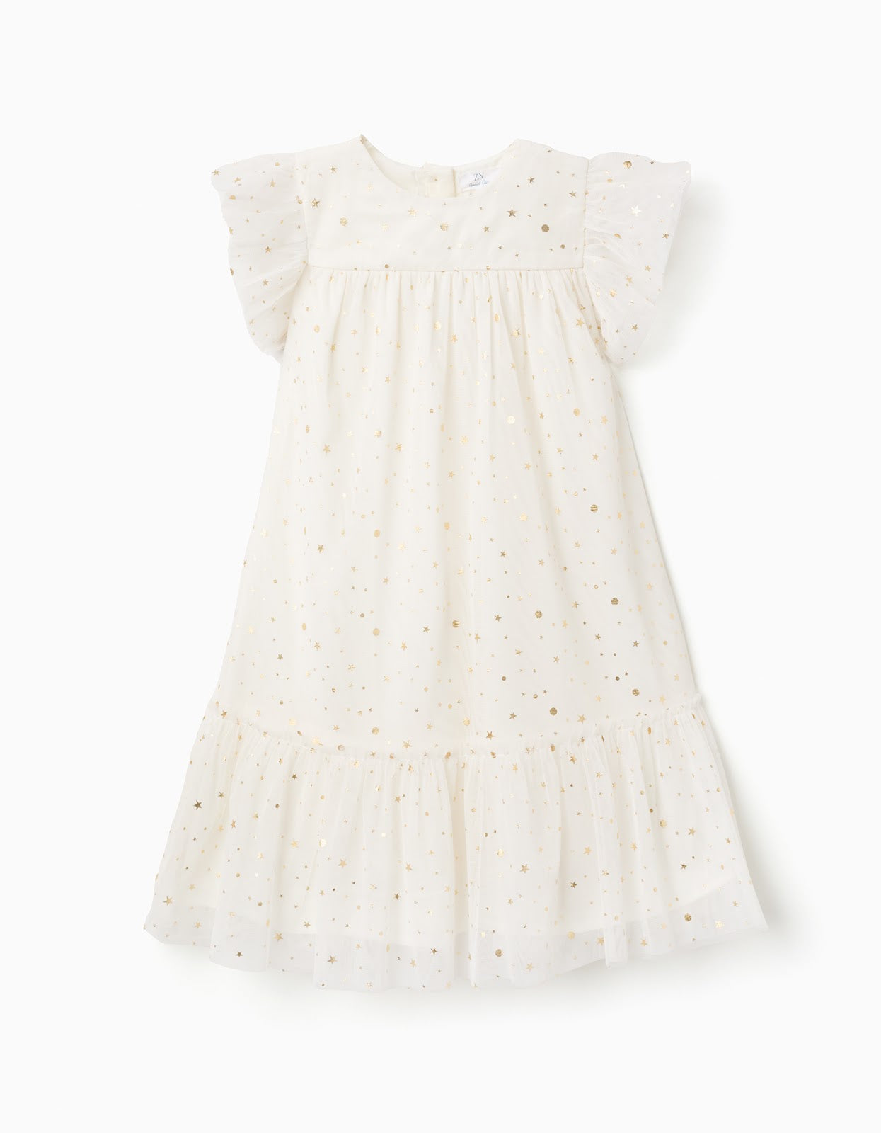 Vestido Blanco Con Volantes Y Estampado Galaxy Dorado - Blanco