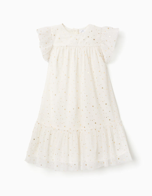 Vestido Blanco Con Volantes Y Estampado Galaxy Dorado - Blanco