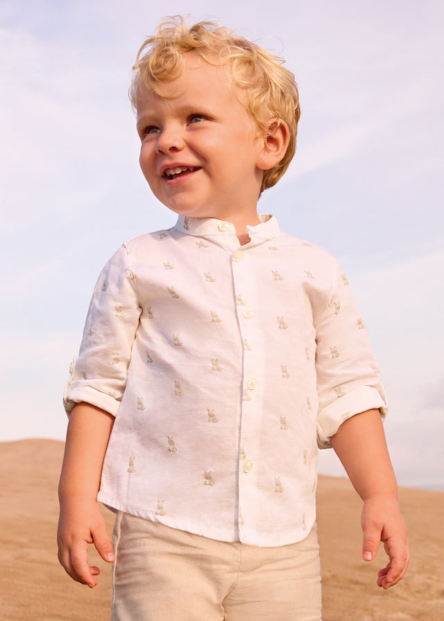 Camisa M/l Lino Estampado Perritos - Beige