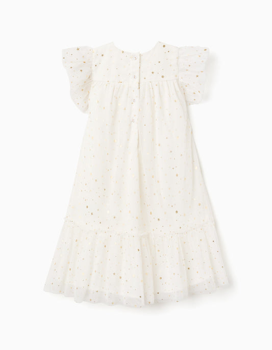 Vestido Blanco Con Volantes Y Estampado Galaxy Dorado - vista 2