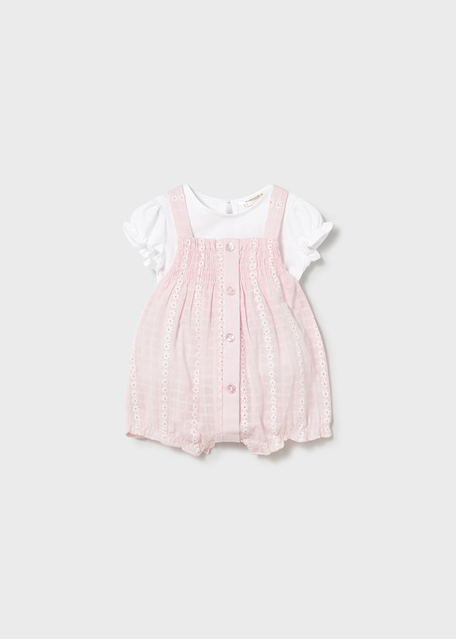 Conjunto 2 Piezas Mameluco Flores, Camiseta Blanca - Rosa baby