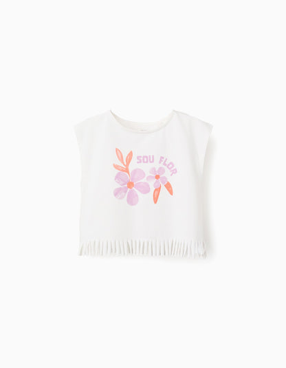 Camiseta Flecos, Estampado Flores - Blanco