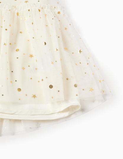 Vestido Blanco Con Volantes Y Estampado Galaxy Dorado - vista 4