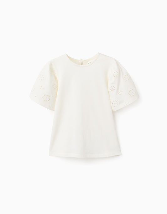 Camiseta Con Mangas Bordadas - Marfil
