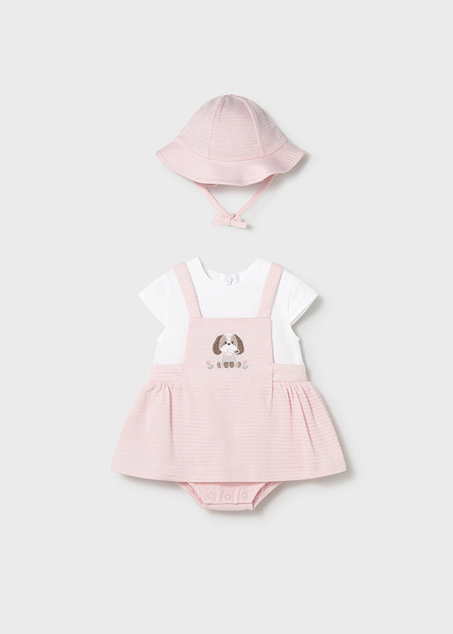 Vestido 2 Piezas Bordado Perros Y Gorro - Rosa baby