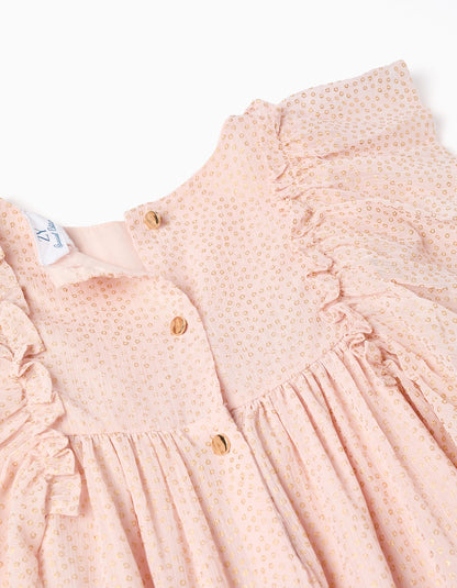 Vestido Rosa Con Volantes Y Estampados De Puntos Dorados - vista 3