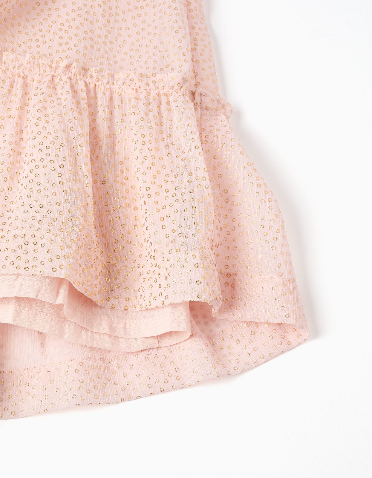 Vestido Rosa Con Volantes Y Estampados De Puntos Dorados - vista 4
