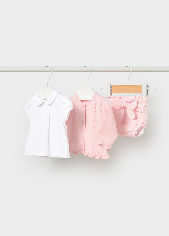 Conjunto 3 Piezas Saco Tejido, Panties Rosa Flores - Rosa