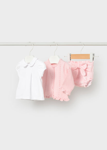 Conjunto 3 Piezas Saco Tejido, Panties Rosa Flores
