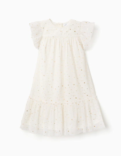 Vestido Blanco Con Volantes Y Estampado Galaxy Dorado